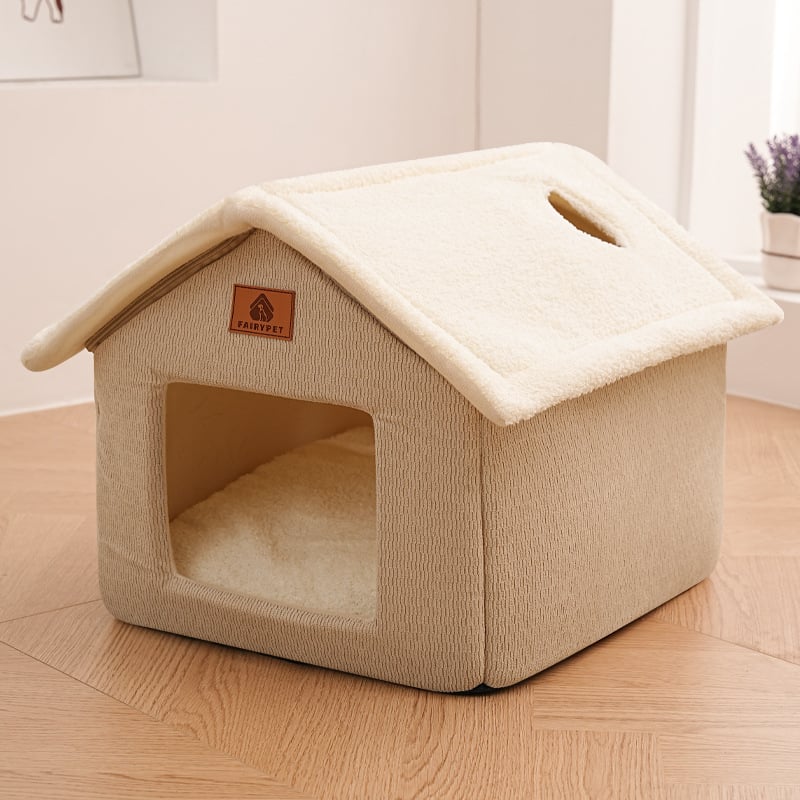 Cuib pentru pisici cu design semiînchis, detașabil și lavabil, utilizare în interior, căldură de iarnă/toamnă, material textil