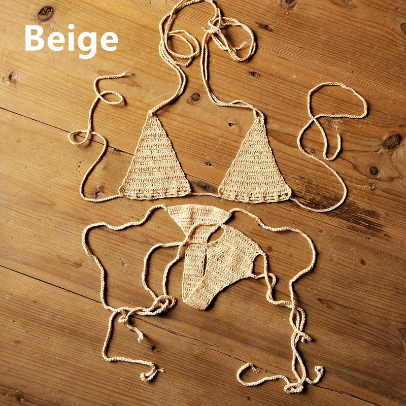 Ženski ručno heklani bikini set, bez naramenica, solidan uzorak, materijal pamuk-akril, podstava 100% pamuk