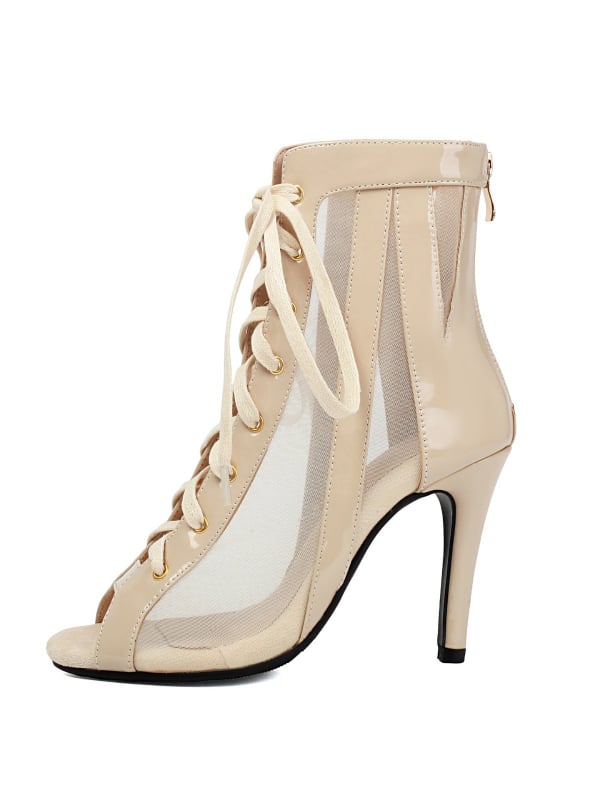 Pantofi de dans Jazz: decupaje din plasă, botine scurte cu toc stiletto, PU suprafața, talpă de cauciuc pentru dans modern și latino