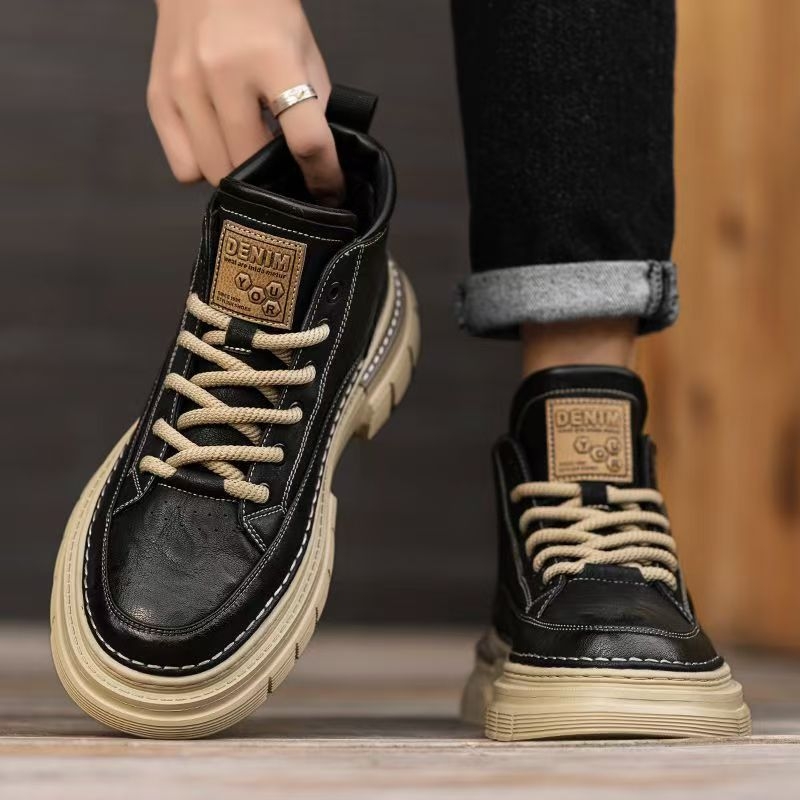 Férfi Chelsea bakancs, középmagas, mű PU felsőrész, PVC talp, 3-5 cm sarokmagasság, elöl kötődés