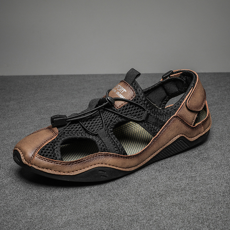 Férfi szandálok hálós felsőrésszel, bőr belsővel, gumi talppal, rugalmas pántos zárás