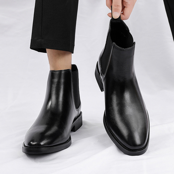 Férfi bőr Chelsea csizma, PU felsőrész, gumírozott talp, középmagasságú csizma, hegyes orr, alacsony sarkú