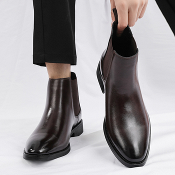 Férfi bőr Chelsea csizma, PU felsőrész, gumírozott talp, középmagasságú csizma, hegyes orr, alacsony sarkú