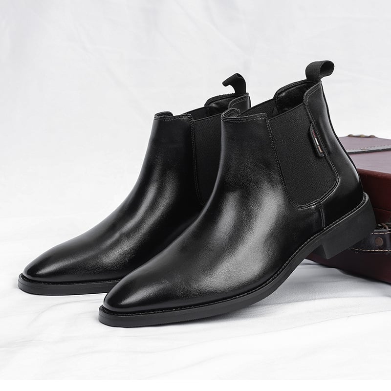 Férfi bőr Chelsea csizma, PU felsőrész, gumírozott talp, középmagasságú csizma, hegyes orr, alacsony sarkú