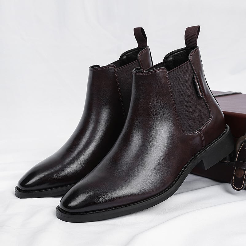 Férfi bőr Chelsea csizma, PU felsőrész, gumírozott talp, középmagasságú csizma, hegyes orr, alacsony sarkú
