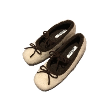 Ženski loafersi u korejskom stilu, gornji dio od suedea, unutarnja podstava od umjetnog kratkog pliša, kvadratni vrh, niski gumeni potplat 1–3 cm