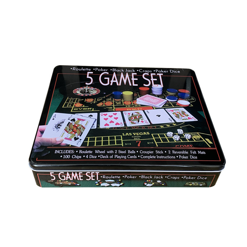 Pet u jednom setu poker žetona s metalnom kutijom, 4 g žetoni i poker stolnjak