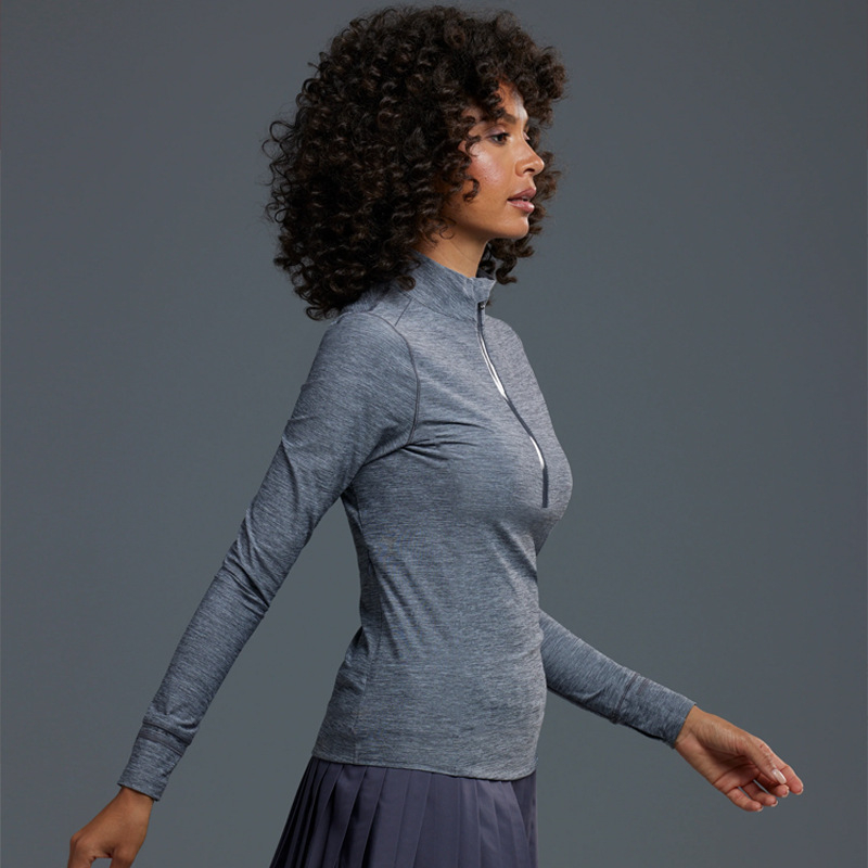 Top din lână Merino pentru femei, cu mâneci lungi, croială Slim-Fit, fermoar jumătate