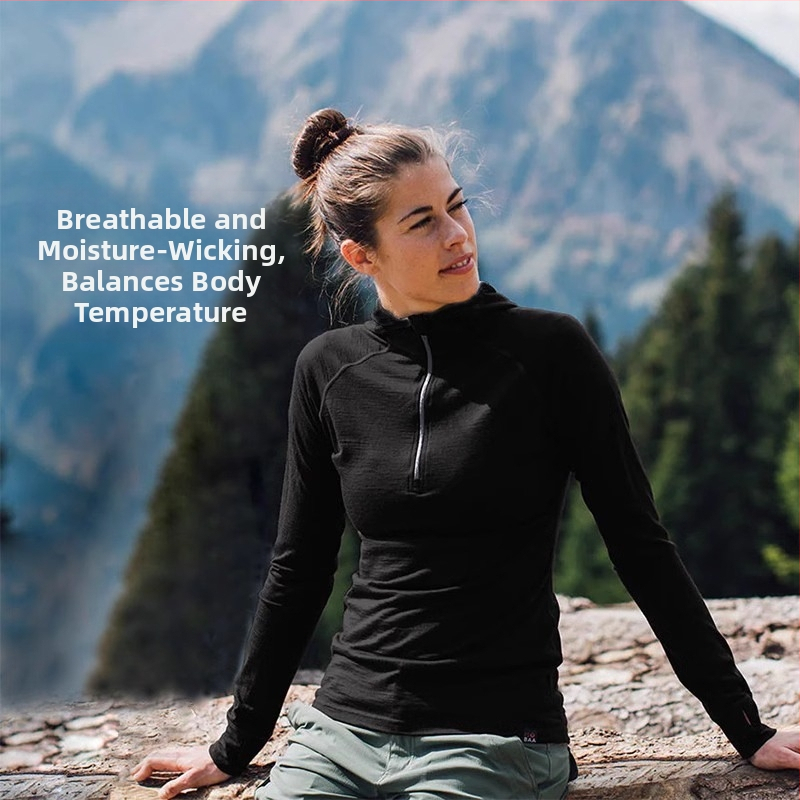 Top din lână Merino pentru femei, cu mâneci lungi, croială Slim-Fit, fermoar jumătate