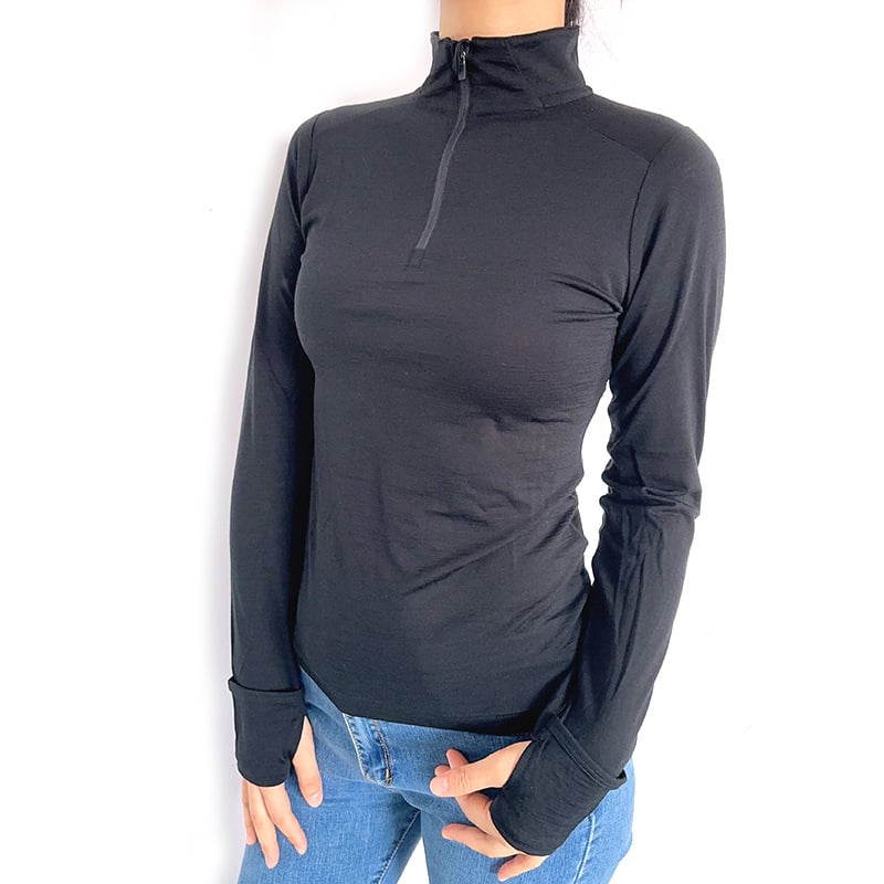 Top din lână Merino pentru femei, cu mâneci lungi, croială Slim-Fit, fermoar jumătate