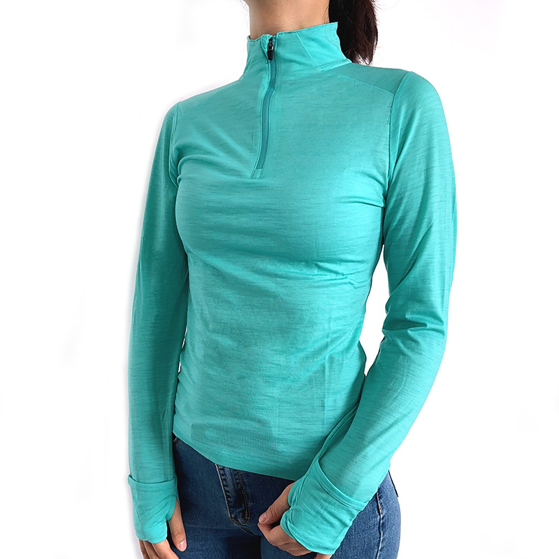 Top din lână Merino pentru femei, cu mâneci lungi, croială Slim-Fit, fermoar jumătate