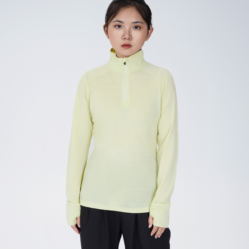 Top din lână Merino pentru femei, cu mâneci lungi, croială Slim-Fit, fermoar jumătate