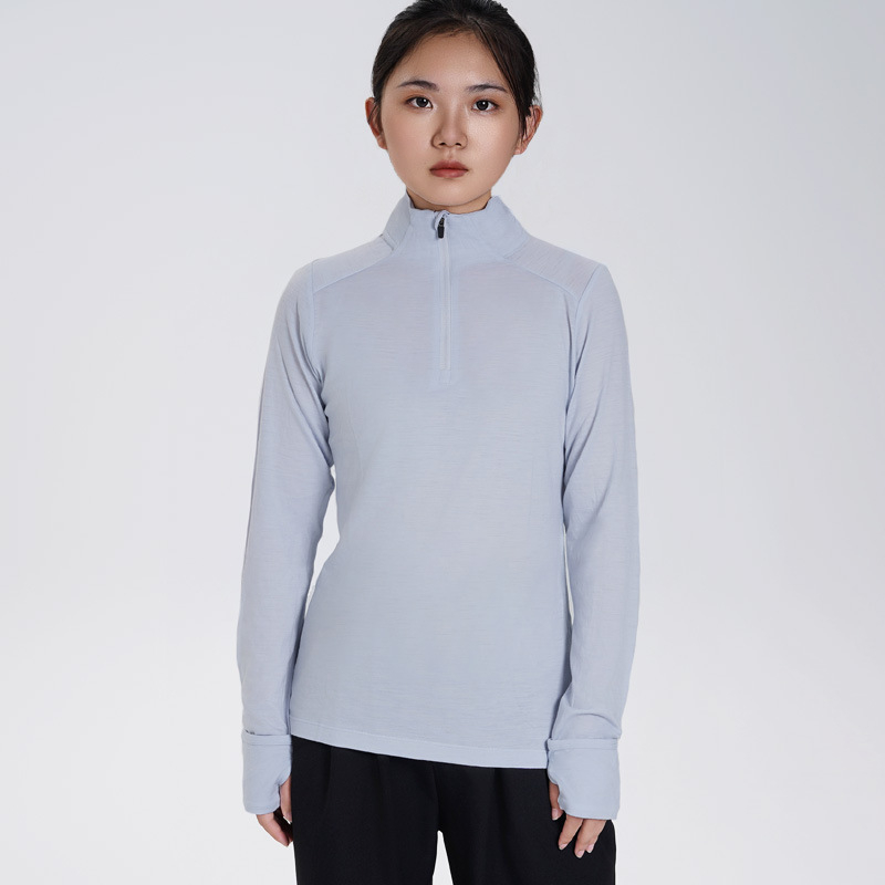 Top din lână Merino pentru femei, cu mâneci lungi, croială Slim-Fit, fermoar jumătate