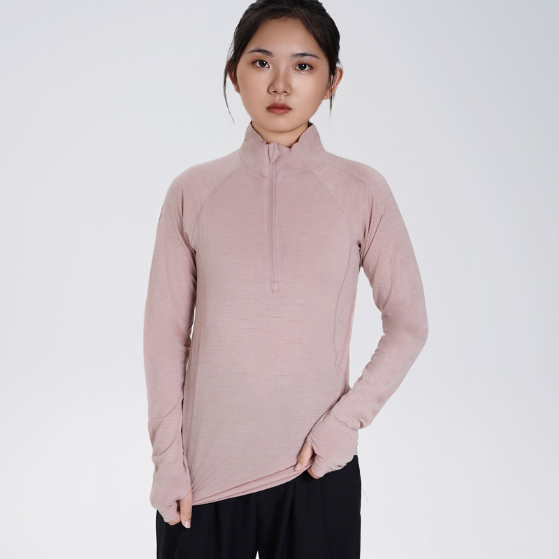 Top din lână Merino pentru femei, cu mâneci lungi, croială Slim-Fit, fermoar jumătate