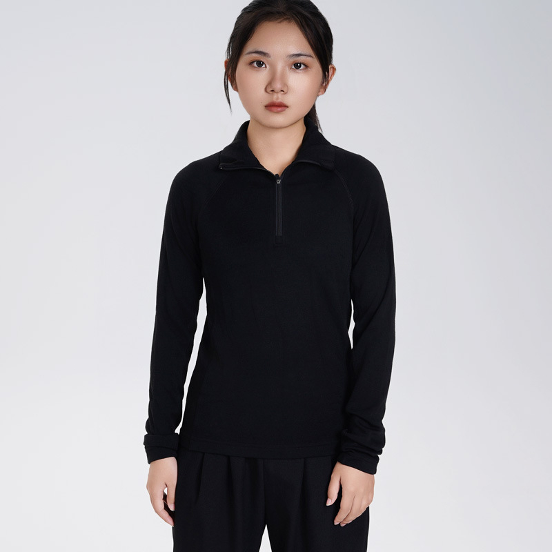 Top din lână Merino pentru femei, cu mâneci lungi, croială Slim-Fit, fermoar jumătate