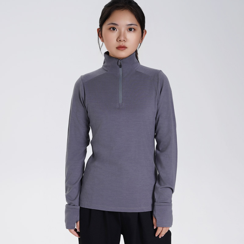 Top din lână Merino pentru femei, cu mâneci lungi, croială Slim-Fit, fermoar jumătate