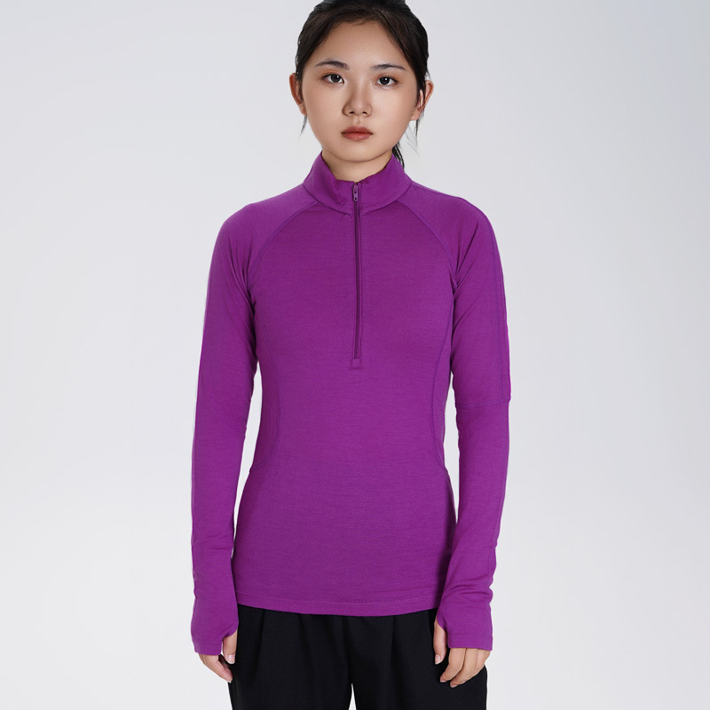 Top din lână Merino pentru femei, cu mâneci lungi, croială Slim-Fit, fermoar jumătate