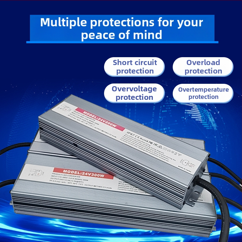 Преходно захранване AC/DC, IP68 водоустойчиво за външно използване, постоянно напрежение за LED светлинна кутия, охранителни системи и медицинско оборудване; изход 12/24/36/48V, вход 100-265V, мощност до 400W