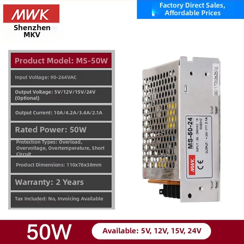 MS-50W DC zdroj napájania s prepínaním – výstupy 24V 2A, 12V 4,2A, 5V 10A