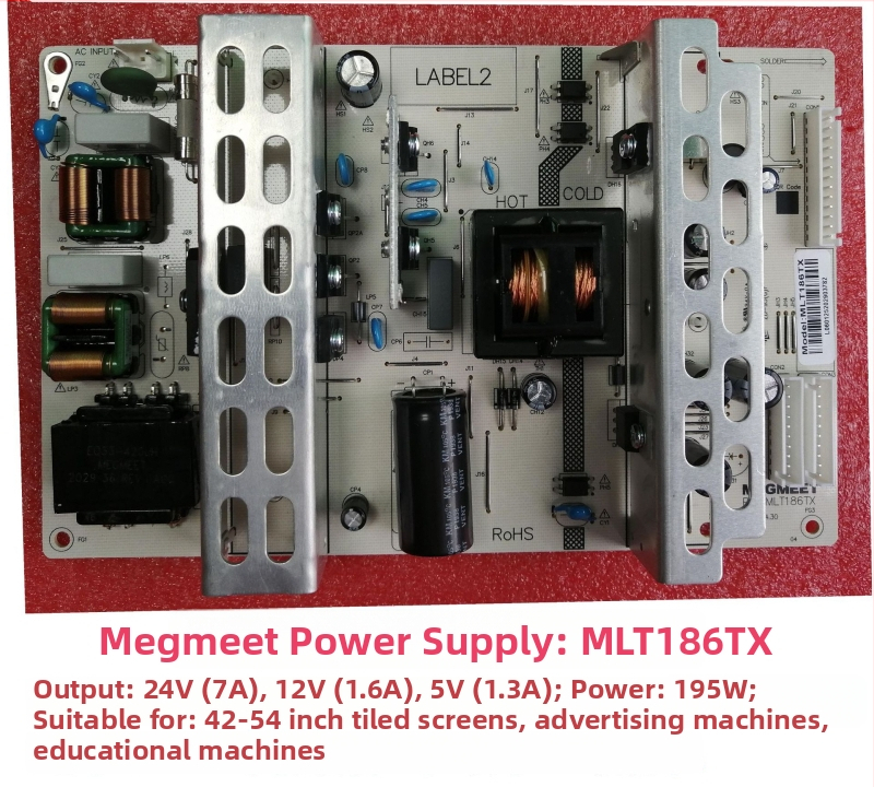 Magmit MLT186TX spojovacie napájanie — vstupné napätie 90-264V; výstup: 24V7A, 12V1.6A, 5V1.3A; menovitý výkon 195W; prevádzková teplota -20 až +45°C; rozmery 205×130×27 mm