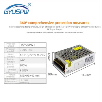 LED modulové napájanie, 24V, 200W, vstup AC220V, účinnosť 80%, IP20