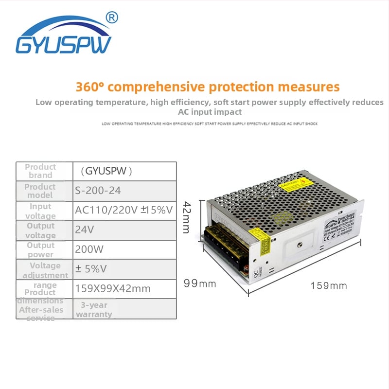 LED modulové napájanie, 24V, 200W, vstup AC220V, účinnosť 80%, IP20