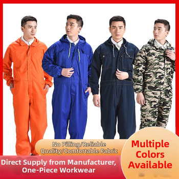 Pánske kamuflážne kombinézy, voľný strih, jednovrstvá pracovná kombinéza z bavlno-poliesterového vlákna s podšívkou z polyesteru; proti znečisteniu a dekontaminácii; vhodné pre zváranie, maľovanie, opravy strojov a chov.