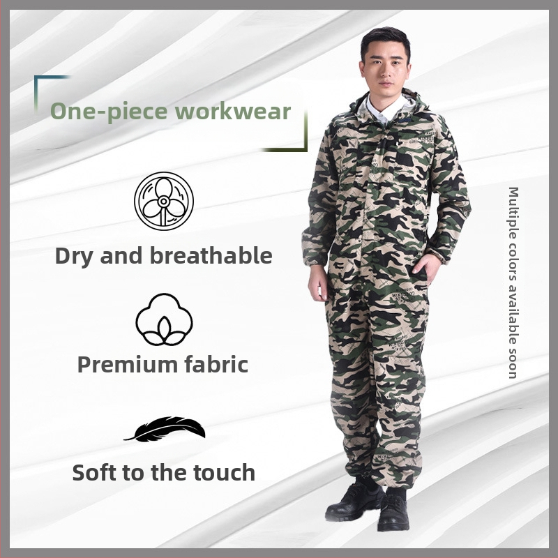 Pánske kamuflážne kombinézy, voľný strih, jednovrstvá pracovná kombinéza z bavlno-poliesterového vlákna s podšívkou z polyesteru; proti znečisteniu a dekontaminácii; vhodné pre zváranie, maľovanie, opravy strojov a chov.
