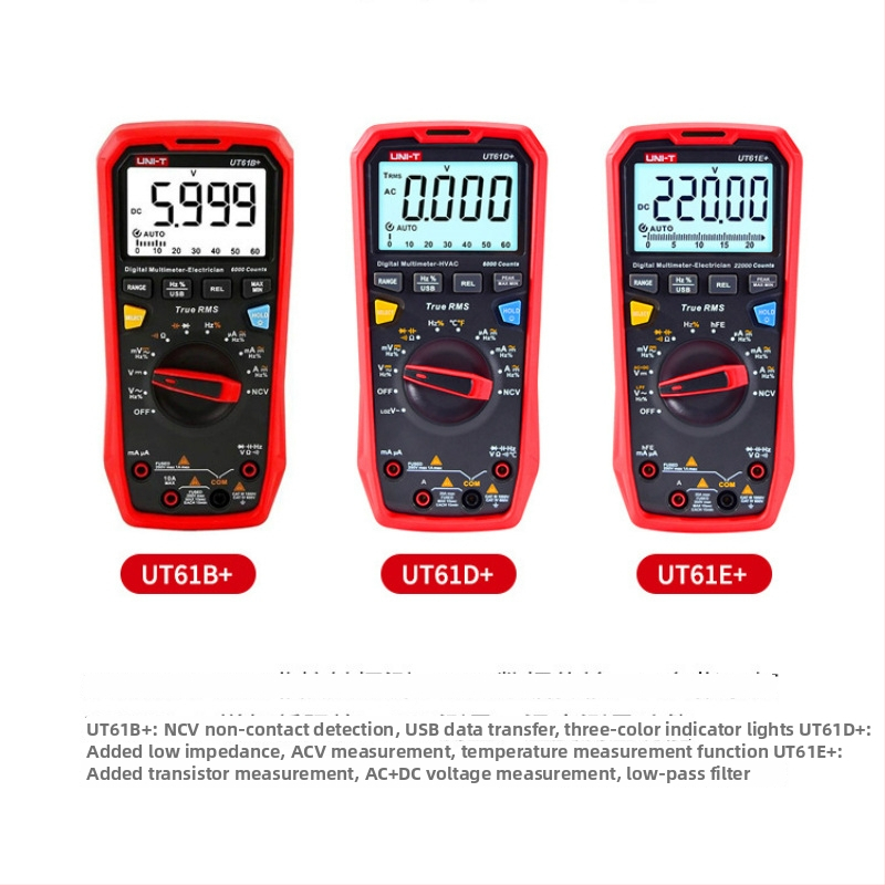 Цифров мултиметър UT61B+/UT61D+/UT61E+ — истинско RMS, USB пренос на данни, напрежение DC/AC до 1000V, ток DC/AC до 20A, дисплей 22000 отчитания