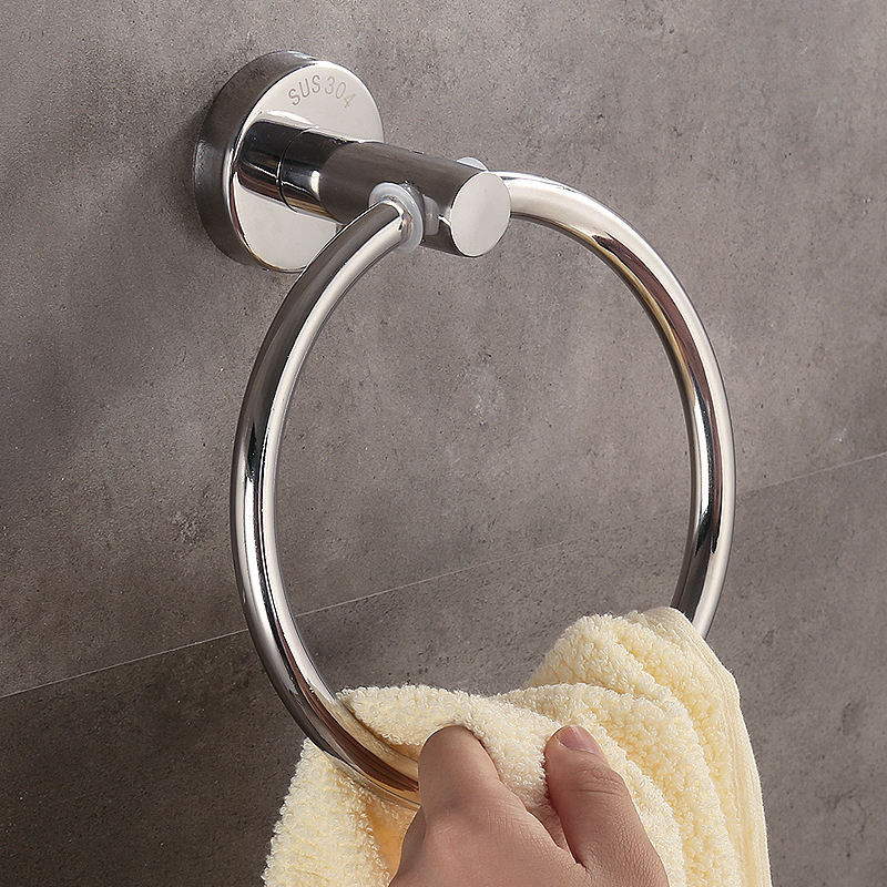 Inox držač za ručnike, okrugli, bez bušenja za kupaonu, sjajni završetak; nosivost 30 kg; moderni minimalistički dizajn s jednim prstenom