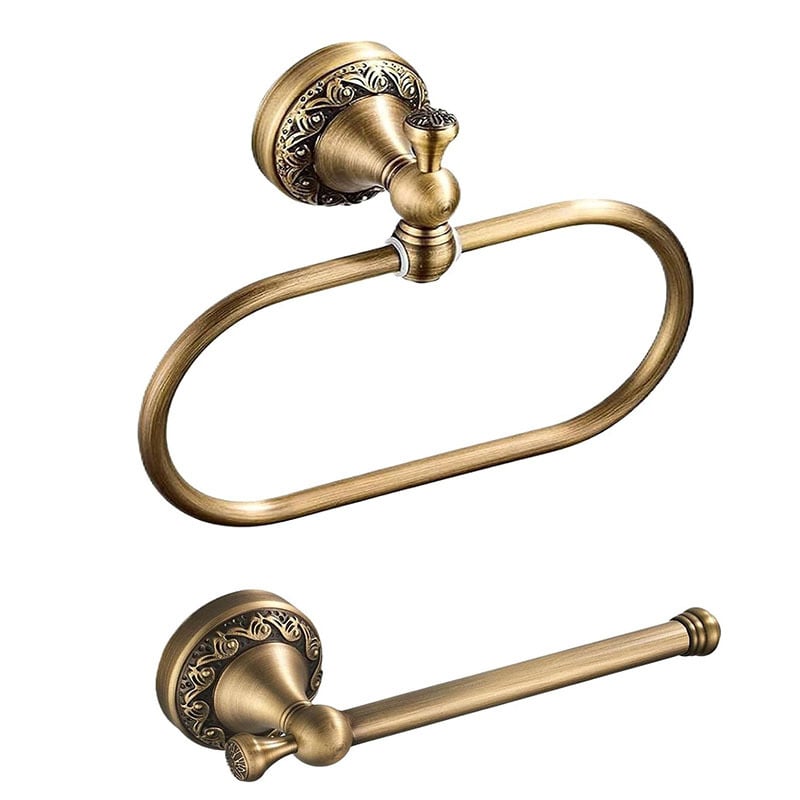 Bakreni držač za ručnike i držač papirnatih maramica u kupaonici, europski stil, antikno-retro završna obrada, dvodijelni set