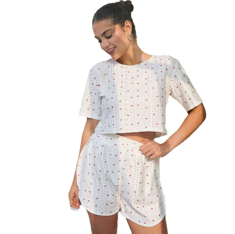 Női két darabos pizsama készlet, lélegző poliészter kötött anyagból, nyomtatott dizájn, felső kerek nyakú és rövidnadrág