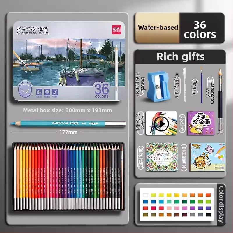 Deli vodou rozpustné farebné ceruzky v kovovej škatuľke pre študentov