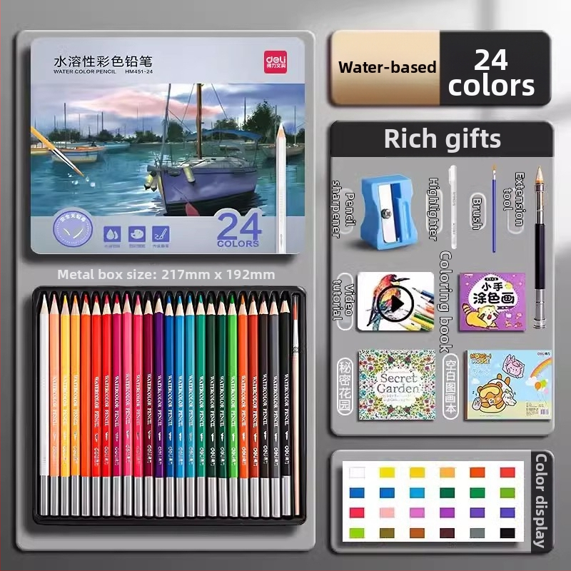 Deli vodou rozpustné farebné ceruzky v kovovej škatuľke pre študentov