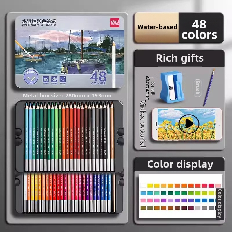 Deli vodou rozpustné farebné ceruzky v kovovej škatuľke pre študentov