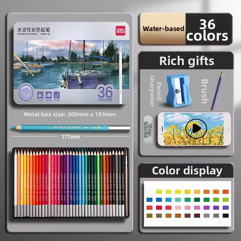 Deli vodou rozpustné farebné ceruzky v kovovej škatuľke pre študentov