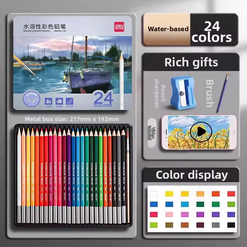 Deli vodou rozpustné farebné ceruzky v kovovej škatuľke pre študentov