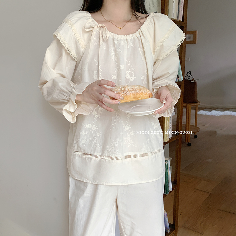 Francuski vintage ležerni komplet za žene — hímani top s dugim rukavima i hlače, 100% pamuk, okrugli izrez, jesen