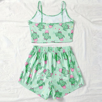 Pajama set od milk silk, bez rukava, kratke hlače, otisak, okrugli ovratnik, stil vila-vjetar