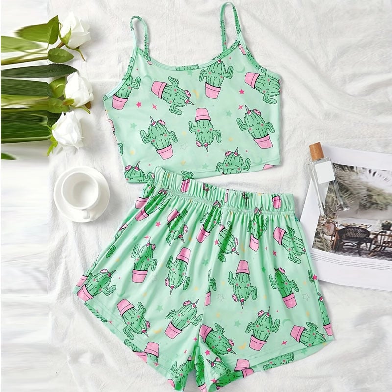 Pajama set od milk silk, bez rukava, kratke hlače, otisak, okrugli ovratnik, stil vila-vjetar
