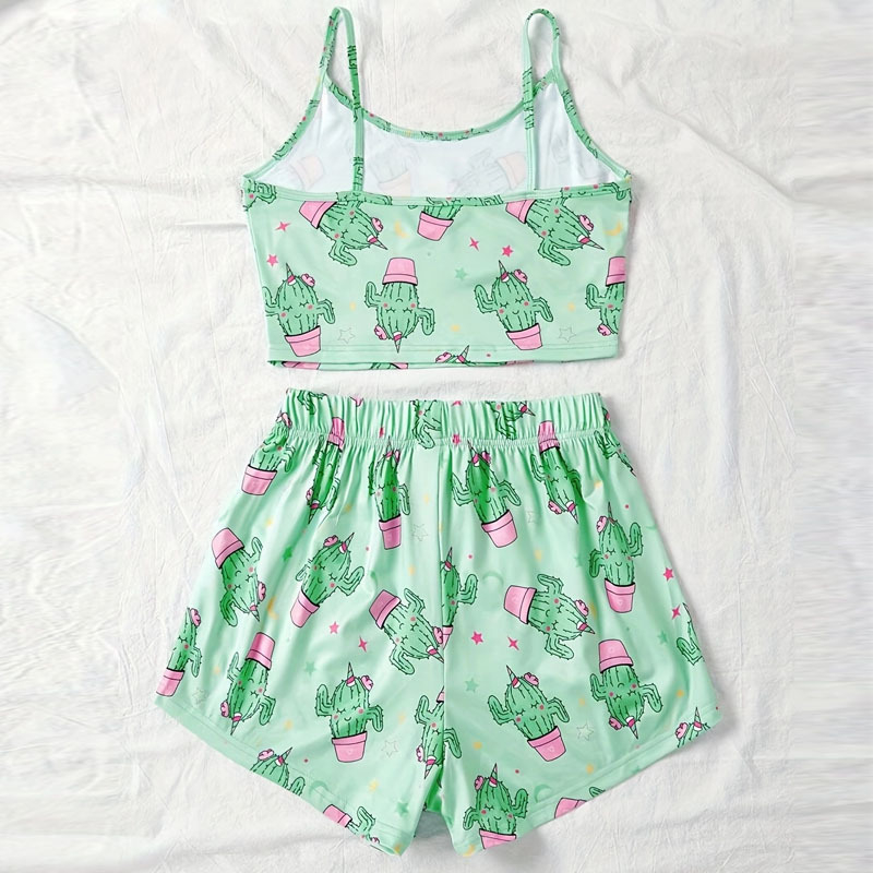 Pajama set od milk silk, bez rukava, kratke hlače, otisak, okrugli ovratnik, stil vila-vjetar