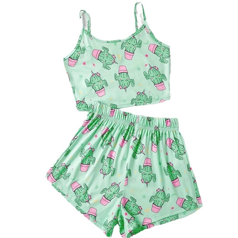 Pajama set od milk silk, bez rukava, kratke hlače, otisak, okrugli ovratnik, stil vila-vjetar