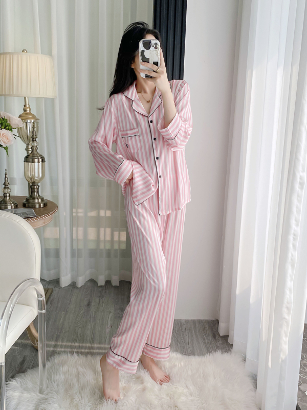 Pjamski set u kardiganskom stilu – prugasti Ice Silk, dugi rukavi, V-izrez, lagana tkanina