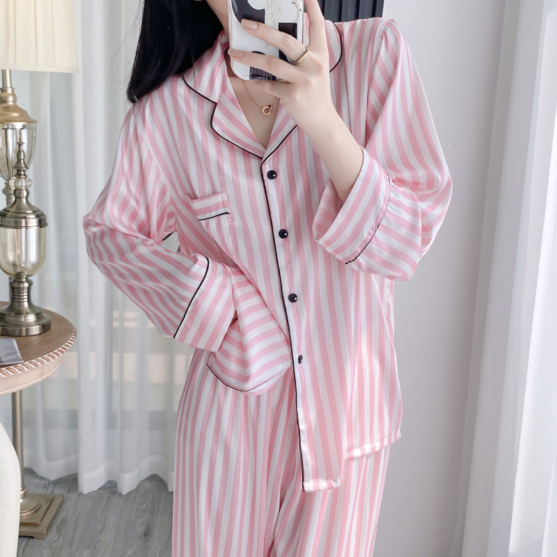 Pjamski set u kardiganskom stilu – prugasti Ice Silk, dugi rukavi, V-izrez, lagana tkanina