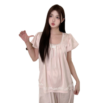 Ženski set pidžama od Ice Silk – Bowknot / Fairy stil, U-izduženi ovratnik, rukav 3/4, kratke hlače, tanko tkivo