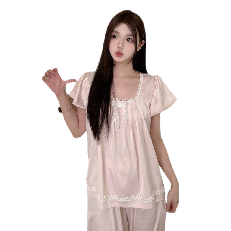 Ženski set pidžama od Ice Silk – Bowknot / Fairy stil, U-izduženi ovratnik, rukav 3/4, kratke hlače, tanko tkivo