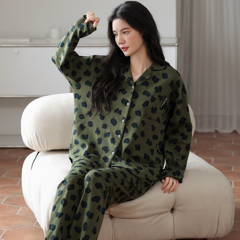 Pajama set od 100% pamuka s kardiganom s reverom, dugi rukavi i duga hlača za kućnu upotrebu
