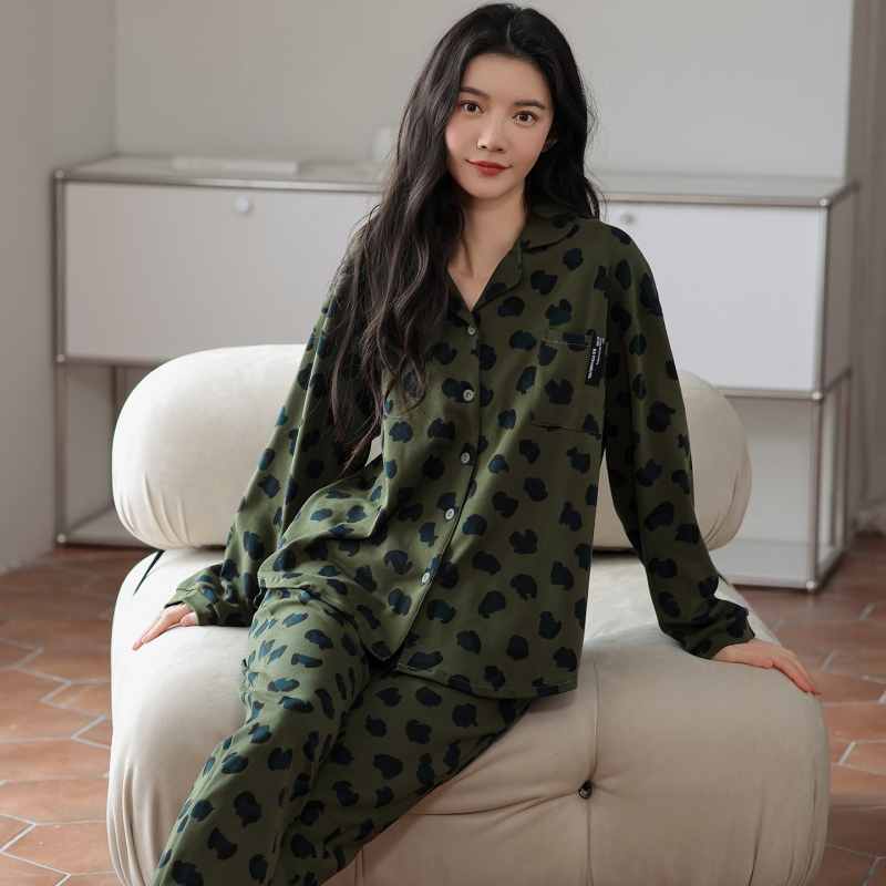 Pajama set od 100% pamuka s kardiganom s reverom, dugi rukavi i duga hlača za kućnu upotrebu