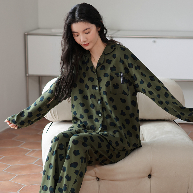 Pajama set od 100% pamuka s kardiganom s reverom, dugi rukavi i duga hlača za kućnu upotrebu