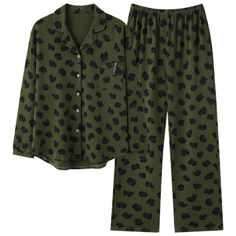 Pajama set od 100% pamuka s kardiganom s reverom, dugi rukavi i duga hlača za kućnu upotrebu